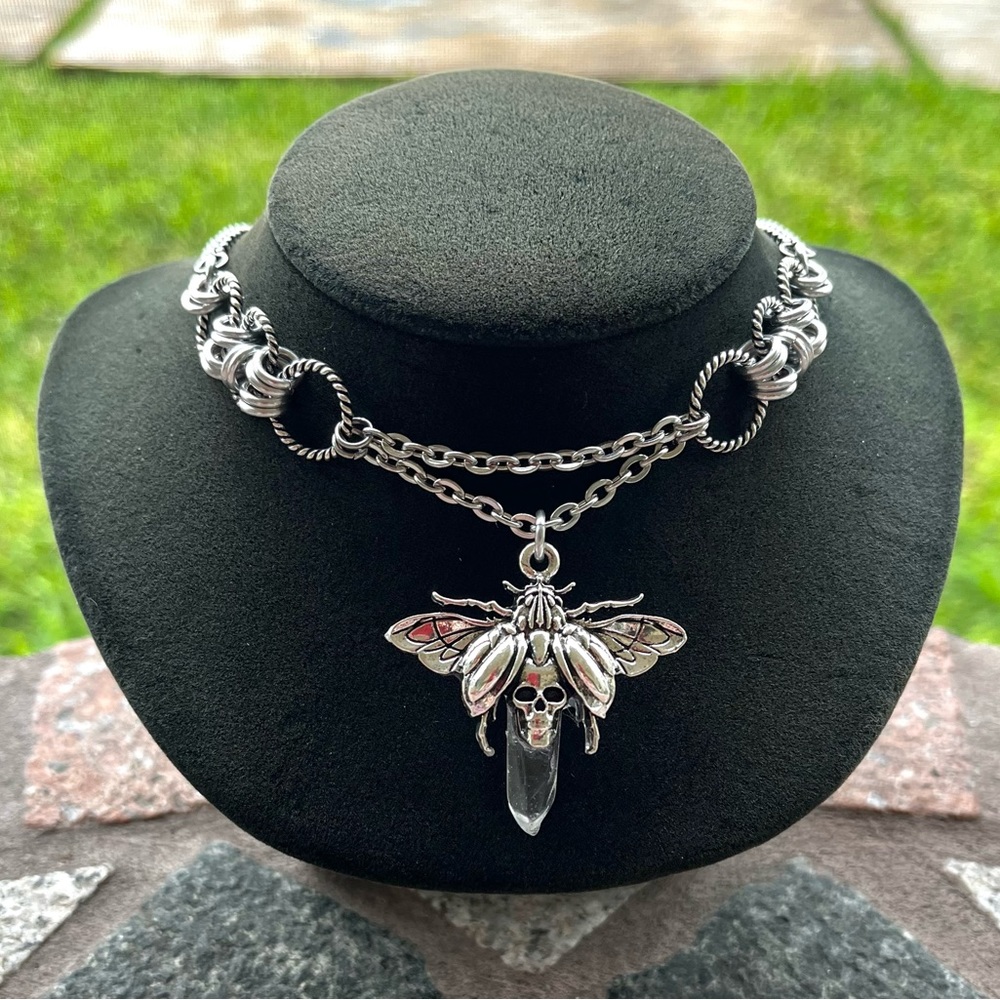 Handmade maille choker necklace moth crystal quartz stainless steel boho goth - Picture 9 of 11